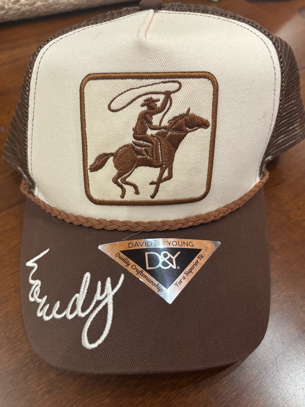 NWT David and Young Brown and Cream Western “howdy” rodeo cowboy Trucker Hat